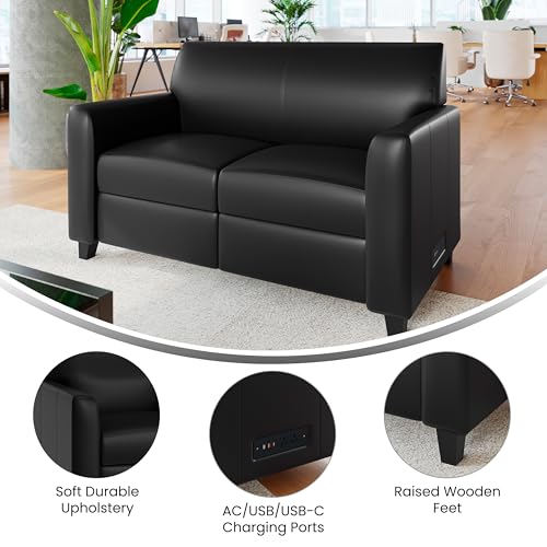 Image of Flash Furniture LeatherSoft Reception Loveseat with Charging Station, Black | USB-C Port, AC Outlets, USB Ports