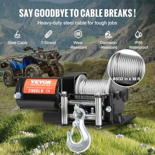 Bild 3 - VEVOR Elektrische Seilwinde, 2000 lbs/907 kg Seilzugkapazität, 12 V DC ATV/UTV-Winde mit Φ0,4 x 1188 cm 7-Strang-Stahlkabelrolle, IP55 wasserdicht zum Abschleppen von ATV im Gelände