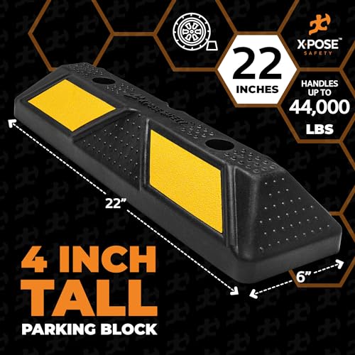 Image of Xpose Safety 22 inch Heavy Duty Rubber Parking Stopper (2 Pack) - Wheel Stops, Parking Lot Bumpers & Rubber Parking Curb for Garage, Driveway or Ramp - Car Bumper Stops with Yellow Reflective Strips