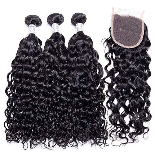 Human Hair Bundles with Closure (10 12 14+10) Wet and Wavy 100% Unprocessed Brazilian Virgin human hair 3 Bundles with 4x4 Lace Closure Free Part Curly Wave Hair Extensions - Image 2