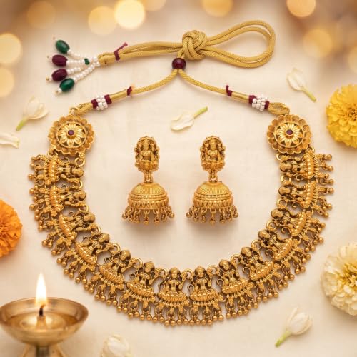 Image of Gold-Plated Antique Temple Jewellery Set for Women - Traditional Necklace with Large Peacock Pendant & Matching Jhumka Earrings | Ethnic Festive & Bridal Wear Set with Ruby & Emerald Accents