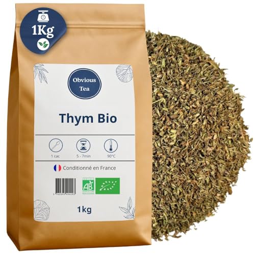 Thym Bio en Vrac - Pour Infusion, Tisane et Épice Culinaire - Thymus Vulgaris L - Agriculture Biologique - Odeur Aromatique Douce - Fabrication Française - Sachet 1 kg (500 Tasses)