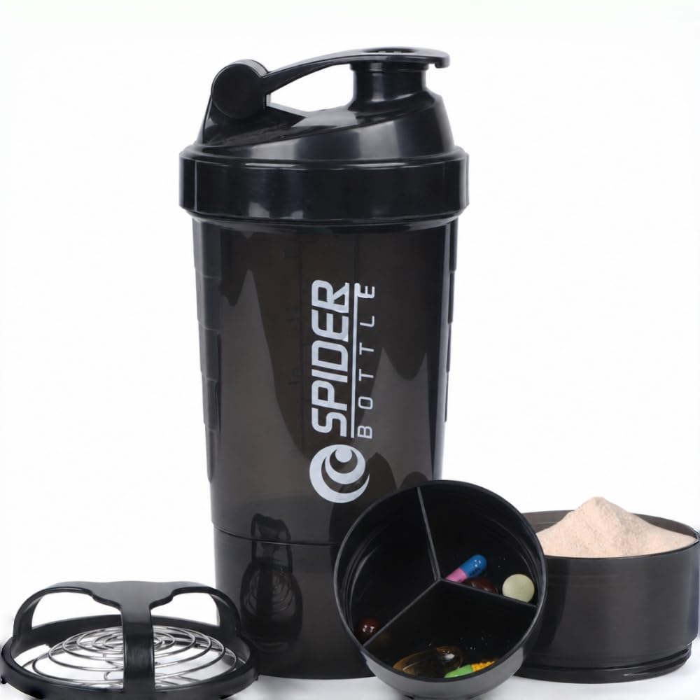 Protein Shaker Bottle, 16 Oz Shake Cup With Storage, Non Slip 3 Layer Twist Off 3Oz Cups With Pill Tray, Leak Proof Sports Water Bottle For Protein Mixes,Black