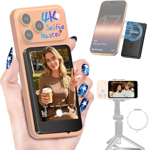 Moman Vlog Selfie Monitor Screen for iPhone 7-17 Series 4K 60fps & Encrypted Private P2P Wireless Magnetic Back Camera Monitor 164 ft Range for TikTok YouTube Vlog Photo & Video Kits Matte Black