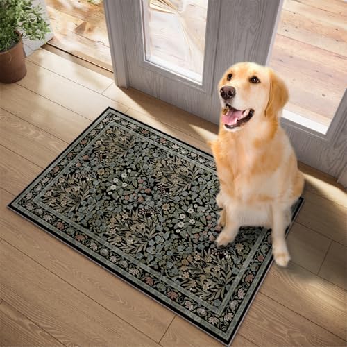 Image of Floral Entryway Rug, 2x3 Kitchen Rugs Non Slip Washable Traditional Design Vintage Floral, Soft Door Mat Indoor Entrance, Ultra-Thin Easy Clean Small Throw Carpet for Bedroom Bathroom