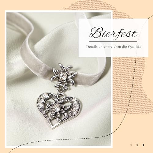 Herdear Bierfest Damen Trachtenkette Herz Edelweiß Halskette Elegantes Kropfband mit Strasssteinen Herz und Edelweiß Anhänger(Hellgrau)