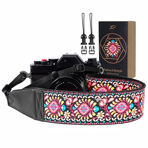 Image of Padwa Lifestyle Pink Flower Camera Strap - 2 inch Full Grain Leather Ends Camera Straps for Photographers, Vintage Embroidered Cotton Weave Soft Suede Fabric Padded Strap Quick Release fits All Cameras