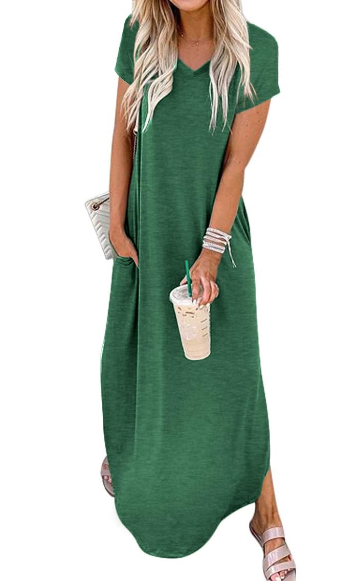Jeqeocafy Women Summer Long Sundress Crewneck Short Sleeve Maxi Dress 2026 Casual Loose Beach Dress with Pockets