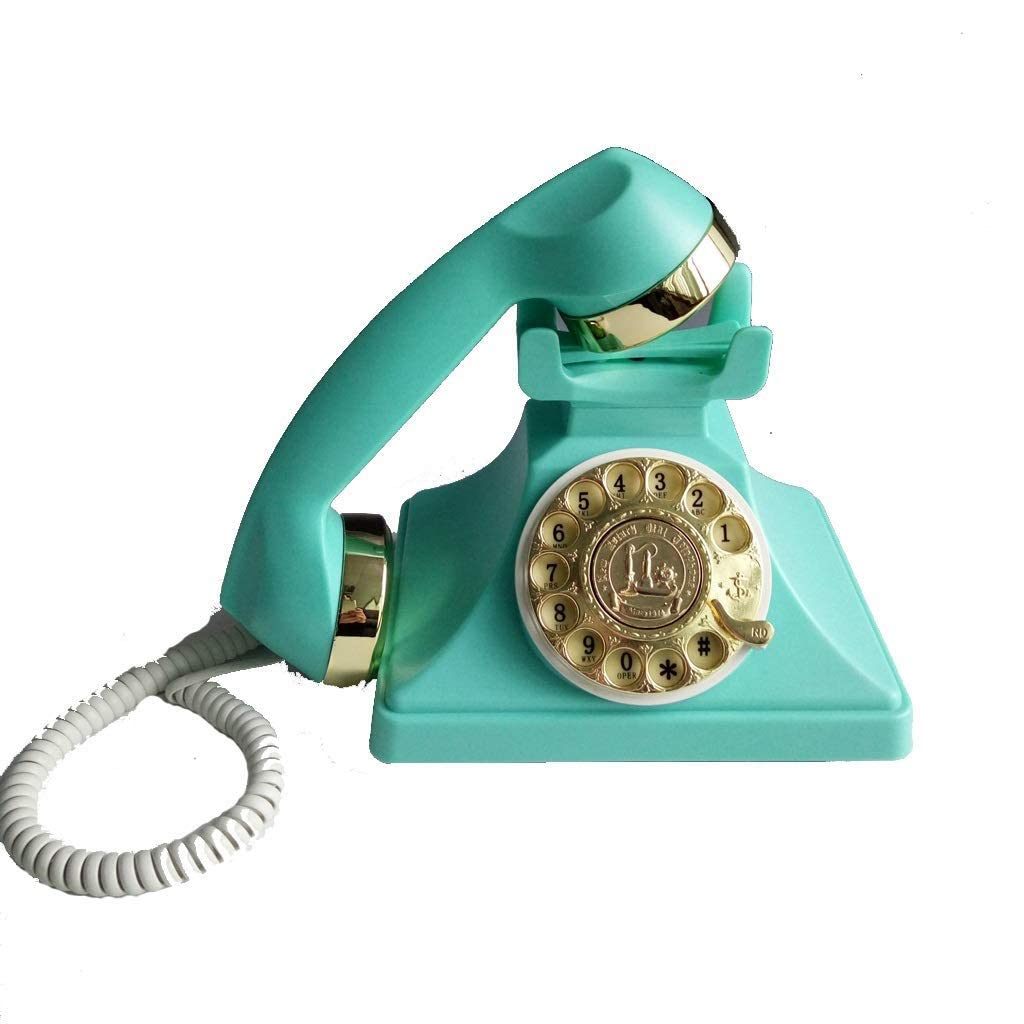 Telefon stacjonarny w stylu retro z tarczą obrotową, klasyczny metalowy dzwonek, funkcja telefonu przewodowego do domu i dekoracji, kolor niebieski