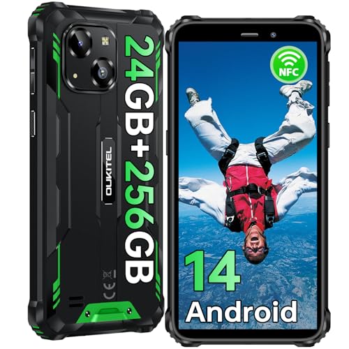 OUKITEL WP32 PRO Outdoor Smartphone Android 14, 24(6+18) GB RAM+256GB ROM/1TB Outdoor Handy Ohne Vertrag, 6300mAh, 20MP Kamera, 6.0” HD+, IP68 Wasserdicht Baustellenhandy, Dual 4G SIM/NFC/OTG/Face ID