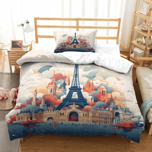 Funda nórdica Torre Eiffel 3D sin arrugas de microfibra transpirable para cama de niños 3