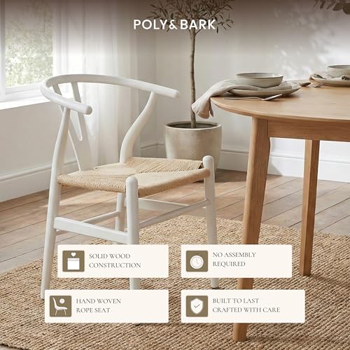 Image of Poly & BARK Weave Dining Chairs - Mid-Century Modern Wishbone Dining Chairs with Arms, Solid Wood Frame, Indoor Use - White - Set of 2 - Ideal for Dining Room, Kitchen or Stylish Accent Setting