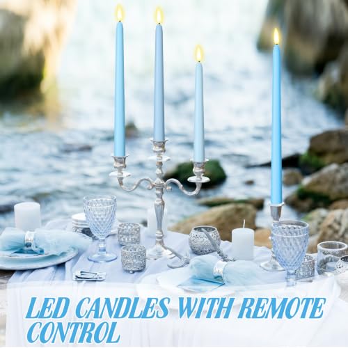 Image of Rossesay 16 Pcs Ocean Blue Flameless Taper Candles Battery Operated Candles with Remote Timer 8.5 inch 9.6 inch 10.8 inch 12.8 inch Multiple Sizes LED Flickering Candlestick for Wedding Party Centerpieces Decor