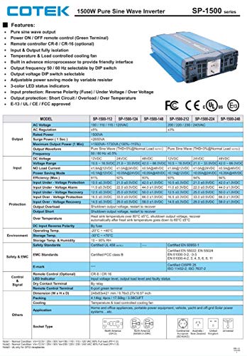 Cotek Sp-1500-224 Pure Sine Wave Inverter 230Vac 24Vdc 1500W #TOP3
