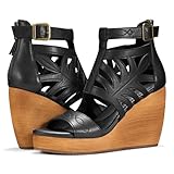 Rollda Women's Wedge Sandals, Platform Sandals High Heels for Women, Fashion Dressy Casual Sandals 2025, Comfortable Open Toe Black Summer Shoes with Back Zipper, Adjustable Ankle Strap, Size 9
