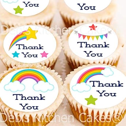 Thank You Cake Toppers Edible Wafer Rainbow Cupcake Decorations 4cm X 24 Amazon Co Uk Grocery
