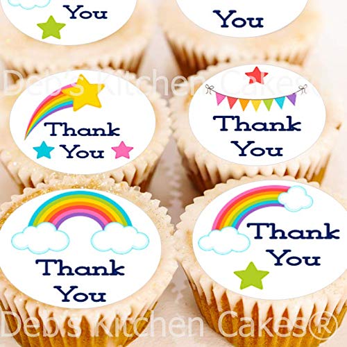 Thank You Cake Toppers - Edible Wafer - Rainbow Cupcake Decorations - 4cm x 24