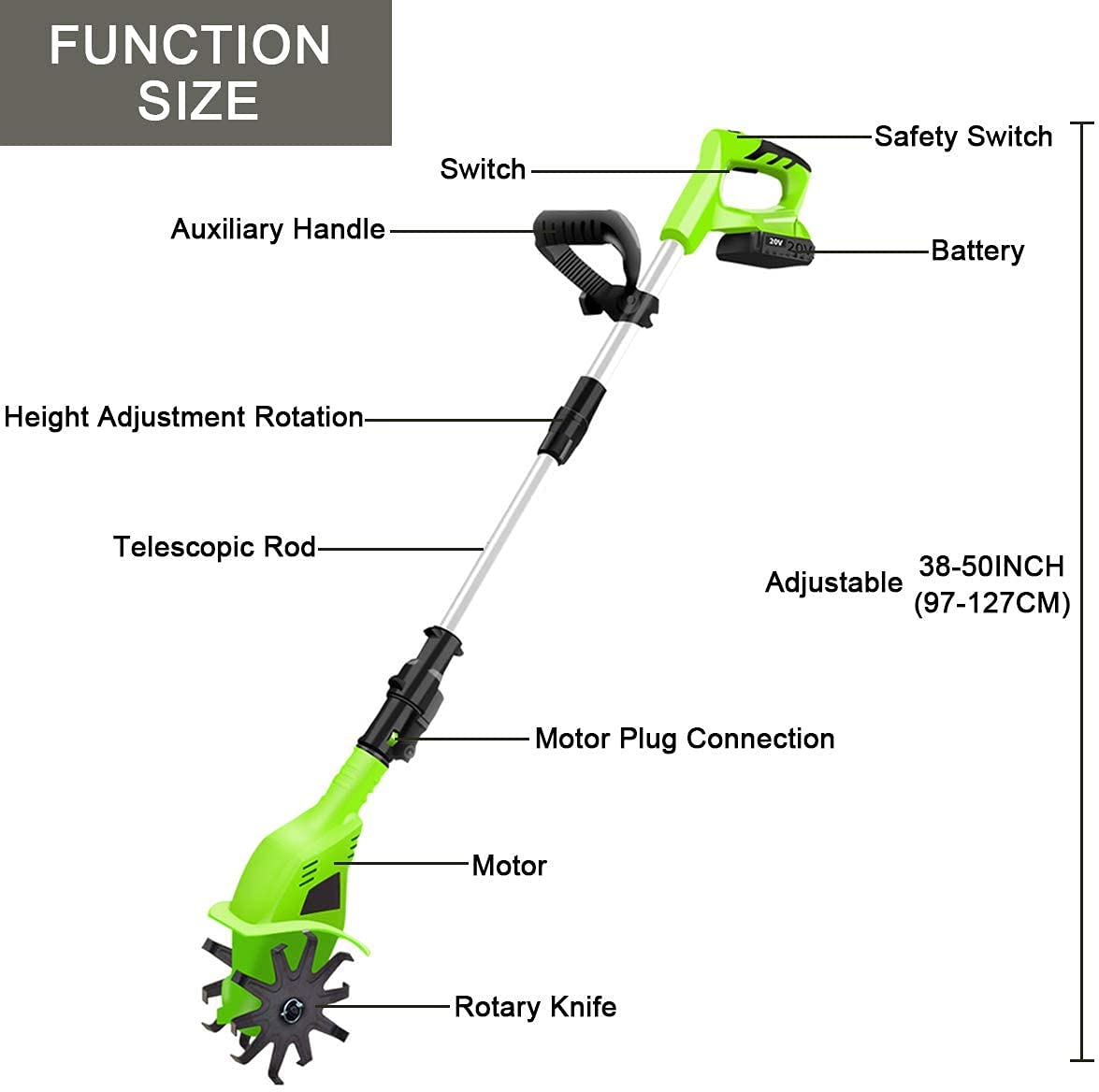 Motoculteur de Jardin, motoculteur électrique, poignée réglable, motoculteur Bon marché 20 V, Largeur de Travail 10 cm, Profondeur 25 cm, Lames rotatives en Acier Inoxydable