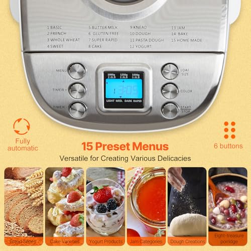 Image of VEVOR Bread Maker, Dough Machine 15 Menus in 1, Non-Stick Ceramic Pan Automatic Breadmaker with Non-Gluten Setting, Whole Wheat Bread Making, Digital, Programmable, 3 Loaf Sizes, 3 Crust Colors, White