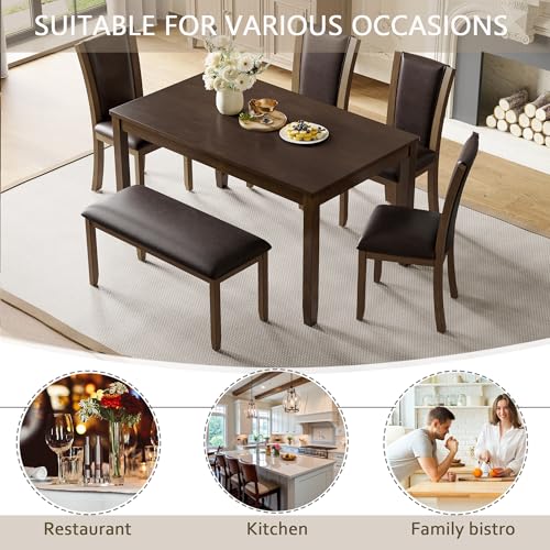 Image of KEIKI 6-Piece Standard Height Dining Table Set with Rectangular Table, 4 Upholstered Chair, Bench, for 6 Person, Farmhouse Rustic Table Set, Easy Assembly, for Kitchen, Dining Room, Dark Walnut