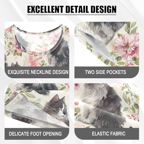 ALAZA Flower Cat Animal Blossom Pajamas Short Sleeve 2 Piece Sleepwear Top and Bottom Pajama Set Unisex4