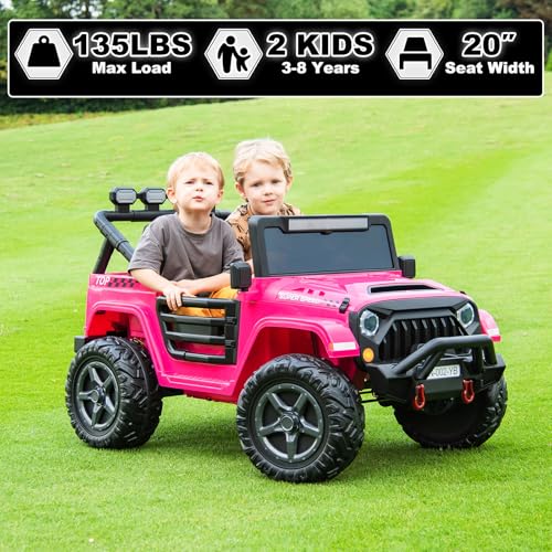 Image of NEWQIDA 24V 2 Seater Ride on Car w /Remote Control 4wd Kids Electric Vehicles Ride on Toys Car, EVA Tires Wheels, 20 inch Spacious Seat, LED Lights, Music, Spring Suspension, 4x200W Motors, Hot Pink