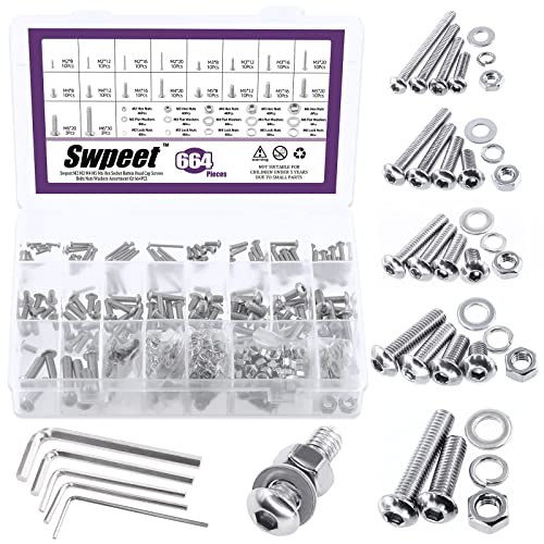 Swpeet 664Pcs M2 M3 M4 M5 M6 Metric 304 Stainless Steel Button Head Hex Socket Head Cap Bolts Screws Nuts and Hex Nuts with Flat Washers and Split Lock Washers Assortment Kit, Screws All Included
