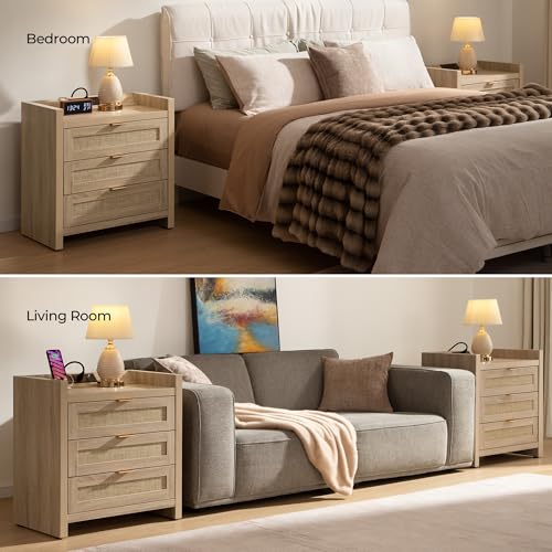 Image of SICOTAS Rattan Nightstand Bedside Table - Larger Night Stand with Type-C Charging Station, 3 Drawers Storage - Boho Night Stands End Table for Bedroom - Light Oak
