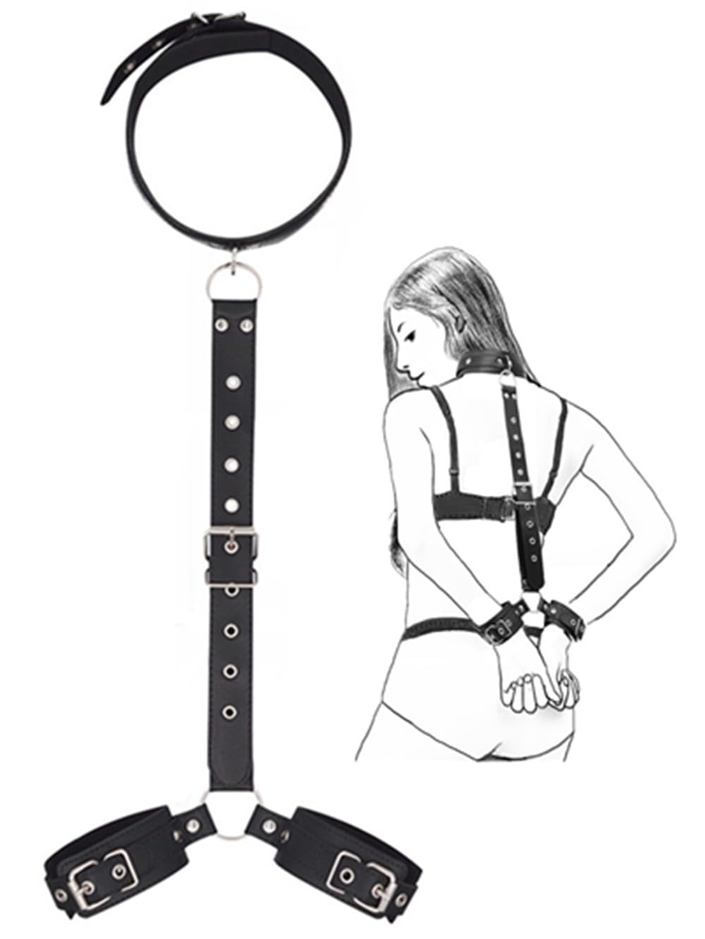 Fun Black pelle collo a polso set - Polsini posteriori, collare attrezzature e accessori per coppie, feste, giochi - Regolabile