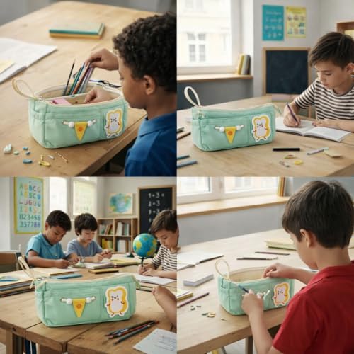 Image of Canvas School Bag Pencil Case, 3 Layer 6 Compartment Large Capacity, Aesthetic Pencil Pouch for Stationary, Cute Stationery for Kids, Pencil Case for Girls & Boys (Pista)