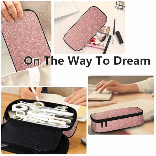 Image of Yekiua Pink Glitter Pencil Holder Shiny Bling Big Capacity Pencil Case Multi-Purpose Makeup Pouch For Office College Adult Rose Gold