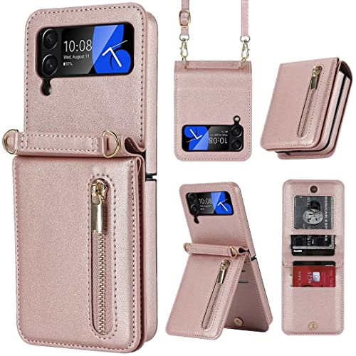 XIMAND for Samsung Galaxy Z Flip 4 Luxury Zipper Wallet Phone Case, Multi-function Kickstand Card Holder Adjustable Crossbody Strap, Fashion Flip Case?perfect for The modern Women and Girls?RoseGold?