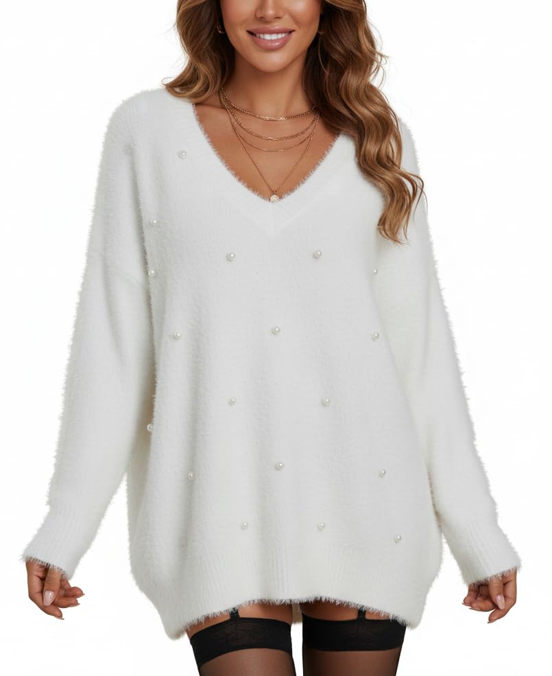 Womens Oversized Long Sleeve V Neck Fuzzy Sweaters Casual Sexy Elegant Plain Pearls Embellished Knit Pullover Tops for