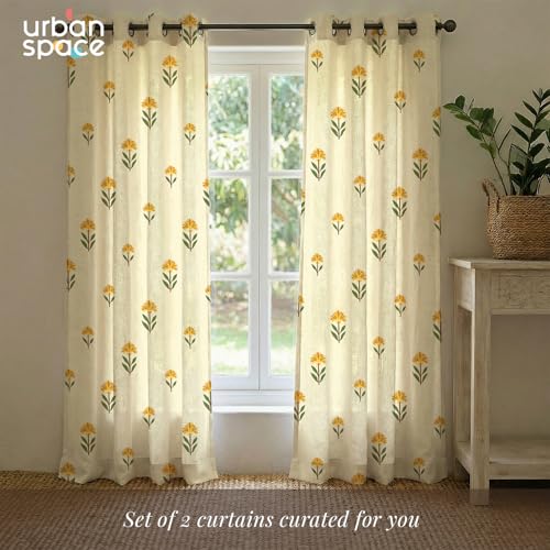 Image of Urban Space 100% Cotton Floral Curtains 7 feet Long Set of 2, 60-65% Room Darkening, Decorative Curtains with Eyelets /Rings for Hanging, Tieback Included (Aster Yellow, Door - 7 Feet)