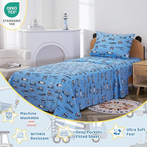 Image of Viviland 3 Pieces Boys Police Car Twin Sheet Set - Soft Microfiber Fitted Flat Sheets & Pillowcase Bed Sheet Set - Blue Airplane Print Bedding Sets for Kids
