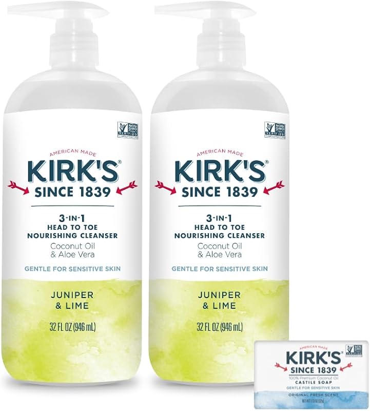 Kirk's Sabonete líquido 3 em 1 Juniper & Lime com óleo de coco e aloe vera, 946 mL, pacote com 2