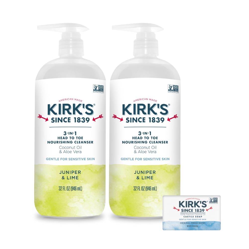 Kirk's 3-in-1 Head to Toe Nourishing Liquid Cleanser & Travel Size Bar Soap - for Men, Women & Children - Premium Coconut Oil and Aloe Vera- Non GMO &
