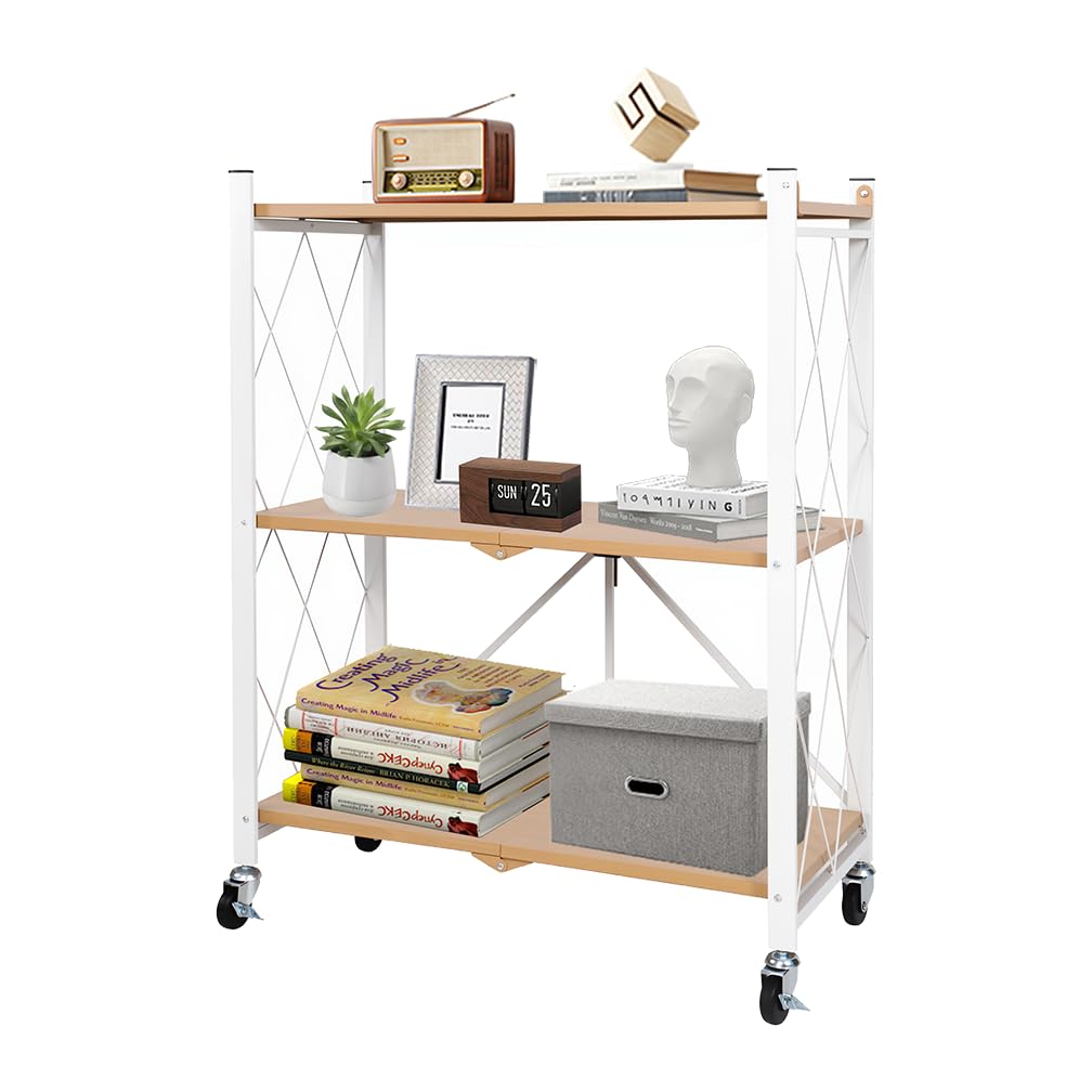 Hershii Folding Storage Shelves on Wheels, 3-Tier Metal Shelving Unit, Standing Bookcase Display Rack for Kitchen, Living Room, Office, Garage, Pantry, 71 X 34 X 92cm, White Oak Color