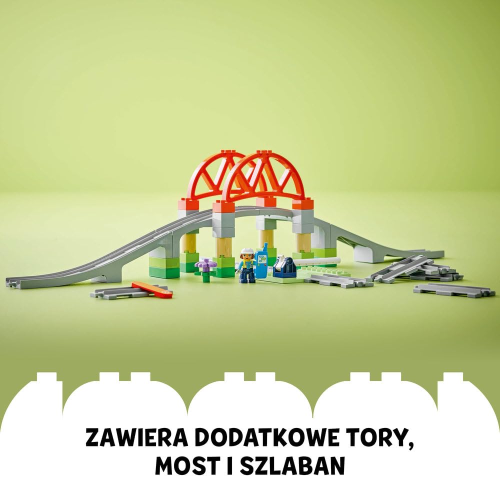 LEGO DUPLO Most i tory kolejowe — zestaw rozszerzający 10426 | Zestaw klocków dla 2-latka, tory kolejowe, prezent dla chłopca i dziewczynki, most i szlaban, 42 elementy