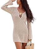 CUPSHE Damen Strandkleid Häkelkleid Bikini Cover Up Langarm Netzkleid Tiefem V-Ausschnitt Durchsichtig Sommer Mini Strandtunika Neutral L