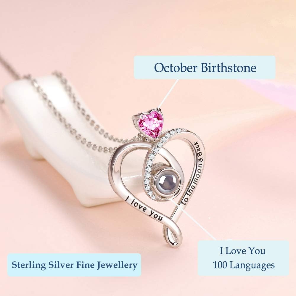 GinoMay Mothers Day Birthday Gifts Mum Wife I Love You Necklace 100 Languages Pink Tourmaline Jewellery October Birthstone 925 Sterling Silver - Image 4