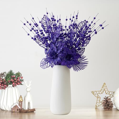 CristBest 24 Pack Christmas Tree Ornaments - Artificial Flowers Glitter Berry Stems Christmas Floral Picks Branches for Xmas Tree Decorations Vase Filler Holiday Wedding Party Home Decor (Purple) - image 4