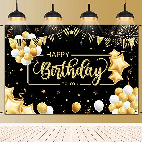 Happy Birthday Hintergrund Banner Gatherfun Geburtstag Party Supplies Dekorationen Groß Schwarz und Gold Fotografie Hintergrund für Jungen Mädchen Männer Frauen Geburtstagsfeier Cover