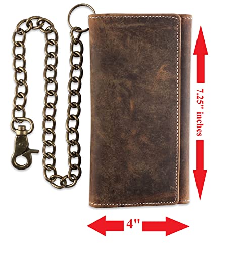 Image of F&L CLASSIC Chain Wallets for Men buffalo premium leather RFID blocking long style Tri-fold for Trucker, bikers, vintage look,buff hunter White stitching,212