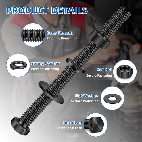 Image of Mellewell 3 /8-16 x 1-1 /2 inch Hex Head Screws Bolts, Nuts, Flat & Lock Washers, Fully Threaded, Stainless Steel 18-8, Black Finish, 6 Sets