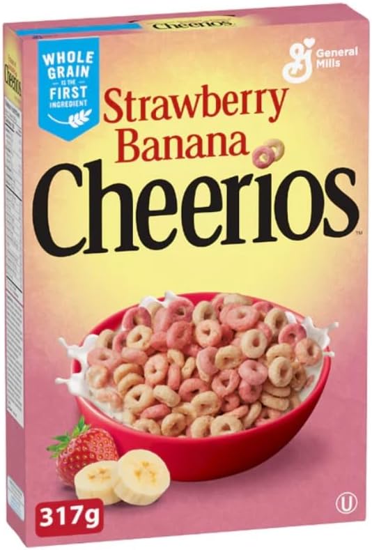 Canadian Cheerios Strawberry Banana Breakfast Cereal, Whole Grain Oats, American, 317g