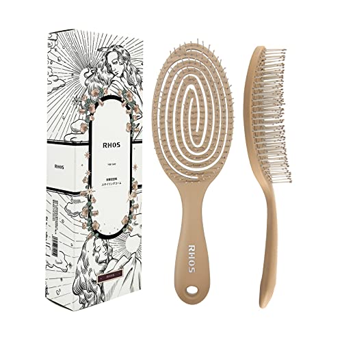 Rhos Detangler Hair Brush For Women, Men And Children-Wet Dry Hair Brush For Curly/Thick/Straight Hair-No Pull Detangling Brush With Soft Bristles For Pain Free-Plastic Spiral Vent Hair Brush（1 Pack-Mocha) #TOP18