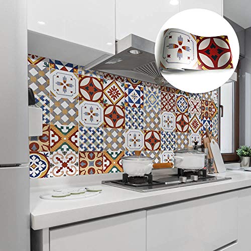 LNXSESN Red Blue Multicolor Marble Luxury Tile Stickers PVC Self Adhesive Wall Tiles Heat Resistant Waterproof Peel and Stick Floor Tiles 20x500cm