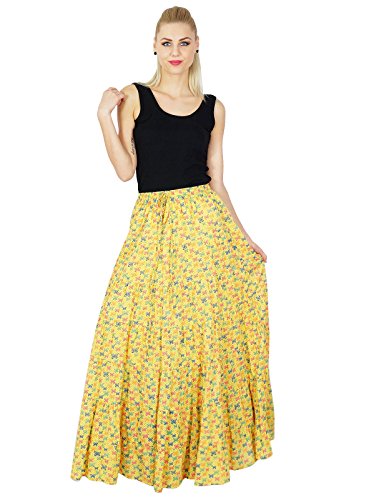 Bimba Womens Long Flaired Cotton Skirt Printed Boho Style Maxi Elastic Waist Bottoms Yellow #TOP1