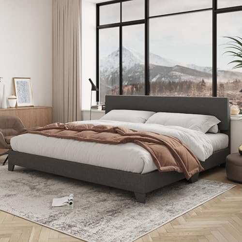 Image of Allewie King Size Upholstered Bed Frame Adjustable Headboard, Dark Grey